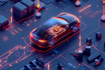 Generate an isometric view with 3D models, a scene of high performance monitoring of a microchip life in electric car, add futuristic look and feel, add data elements to the environment