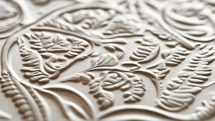 Close-up of a textured, white surface with an embossed floral pattern.