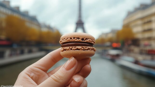 Woman holding delicious Chocolate macaron on Blur city street near cafe paris style,popular desserts loved by everyone with various colors and flavors,French cookies sweet macaron.