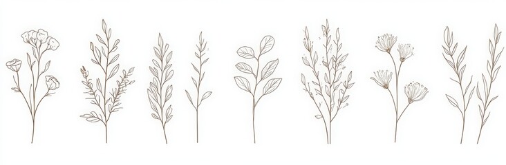 Obraz premium line art collection of botanical plants, flowers, and leaves in a continuous single stroke on a white background. 