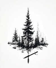 A stylized black and white illustration of trees and a spear, symbolizing nature and adventure.