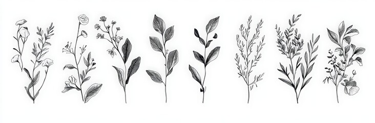 Obraz premium line art collection of botanical plants, flowers, and leaves in a continuous single stroke on a white background. 
