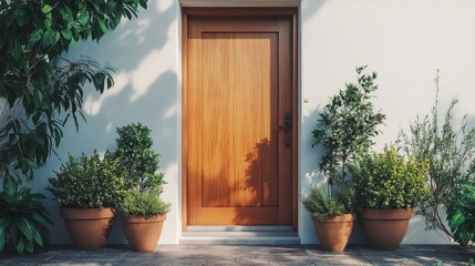 A modern wooden front door surrounded by potted plants, symbolizing a welcoming and natural home entrance.