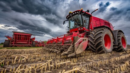 Fototapeta premium a red tractor plowing a field