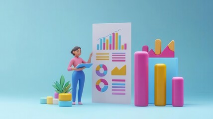 Business report analysis, person reviewing charts and graphs, 3D illustration