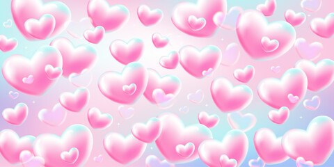 Dreamy gentle 3d hearts. Gradient horizontal background. Valentine's day, wedding. Vector stock illustration.