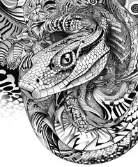 A detailed black-and-white illustration of a snake surrounded by abstract patterns.