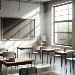 Fototapeta premium a classroom with tables and chairs and a chalkboard with the word w on it.