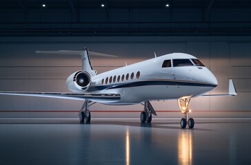 Private jet in hangar with grey floor and white walls