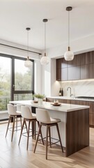 Fototapeta premium A modern kitchen and dining area is designed with a clean, minimalist aesthetic.