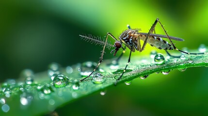 Macro shot of a mosquito on a green leaf, highlighting its detailed features