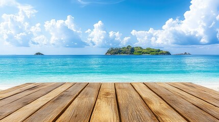 Fototapeta premium Wooden table on the background of the sea, island and the blue sky