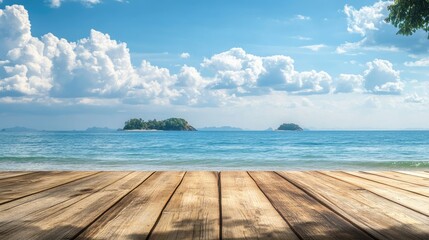 Fototapeta premium Wooden table on the background of the sea, island and the blue sky