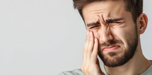 Obraz premium Almost crying with pain. Adult man suffers acute toothache, periodontal disease, cavities or jaw pain on studio background.