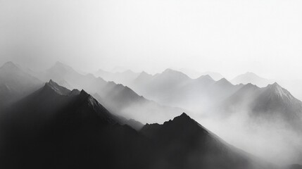 Minimalist abstract mountains in black and white, set against a misty horizon © fivan
