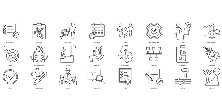Action plan icons set. Set of editable stroke icons.Set of Action plan