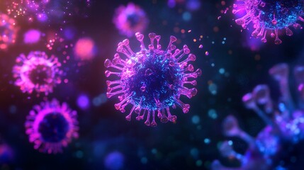 Fototapeta premium Monkeypox Virus Concept, Blue and Pink Virus Particles Under Electron Microscope