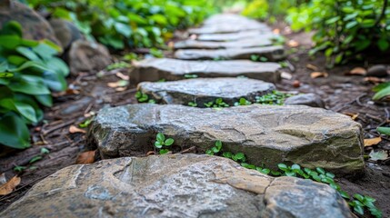 Naklejka premium Close-up of a stone pathway, revealing the rough and uneven texture of the stones. The image highlights the rustic and timeless charm of the pathway.