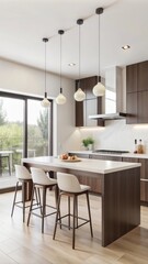 A modern kitchen and dining area is designed with a clean, minimalist aesthetic.