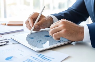 Professional in business attire using tablet with stylus in office