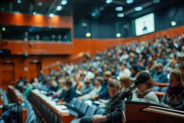 Microphone standing on stage with a blurred audience attending a conference in a modern auditorium