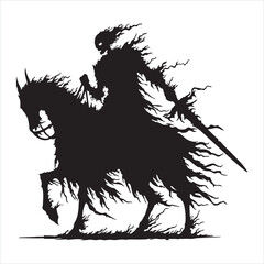Black silhouette of a sinister knight without a head he will ride in plate armor and a ragged cloak, in his hands a huge sword and a fiery skull silhouette white background
