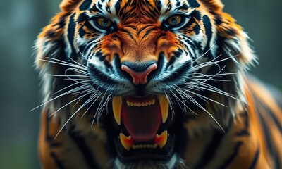 A fierce, roaring tiger's face in extreme close-up, showing detailed fur texture