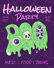 An invitation to a Halloween party with the inscription BOO, eye, skull in the flat style