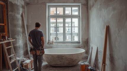 Fototapeta premium Renovation of a bright and modern bathroom by a man
