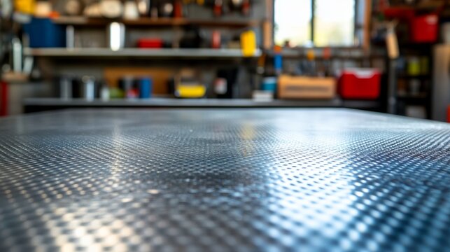 An automotive tool and part blurred background with a metal tabletop suitable for promoting automotive products