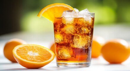 A tall glass of cold, refreshing iced tea garnished with a slice of orange, with a soft background