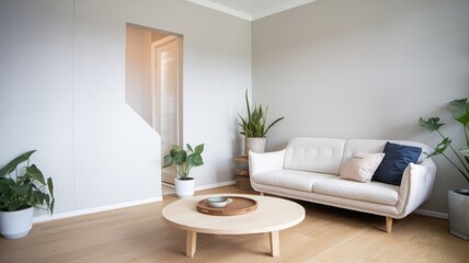 Fototapeta premium Modern living room with a white couch, plants, and a coffee table.