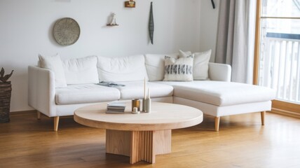 Fototapeta premium Modern Living Room with White Sofa and Wooden Coffee Table.