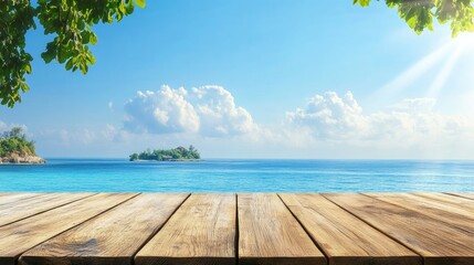 Fototapeta premium Wooden table on the background of the sea, island and the blue sky