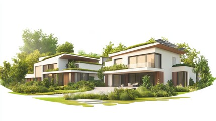 Modern residential buildings surrounded by greenery and landscaping.