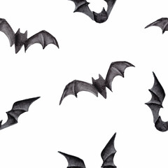 Fototapeta premium Watercolor black bats silhouette seamless pattern. Halloween flying bats background.