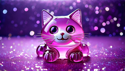 Cute kitty cat made out of pink jelly with sparkly purple bokeh background