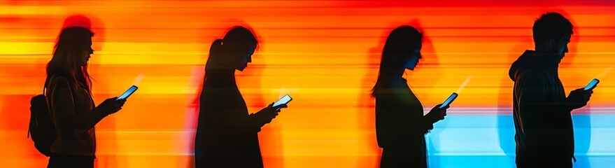 Motion blur in a long exposure photograph of several people holding smartphones