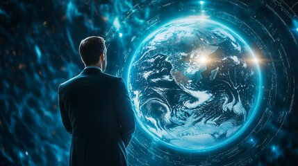 Businessman in a suit standing with his back turned and looking at a glowing Earth hologram, against a digital space background. Concept of global business technology connection