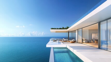 Fototapeta premium Modern villa overlooking the ocean with a pool and spacious terrace.