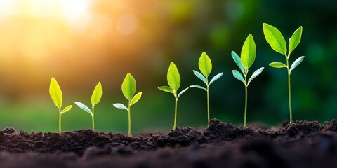 A Row of Young Seedlings Sprouting from Rich Soil Under Sunlight