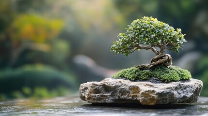 Miniature Bonsai Tree in Serene Japanese Garden Landscape