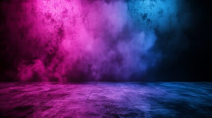 Obraz premium Concrete floor and studio room with smoke float up the interior texture for display products, with dark streets, asphalt abstract dark backgrounds, empty dark scenes, neon lights, spotlights.