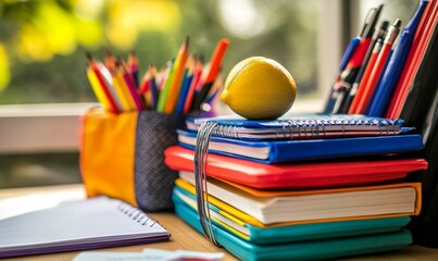 Creative Back-to-School Stationery Concept: Vibrant Pencil Case with Essential Supplies for Students. Minimalist Composition Showcasing Educational Tools. Versatile Marketing Background for School Sea