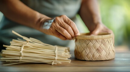 Hands Weaving a Basket from Bamboo Strips with a Pile Nearby