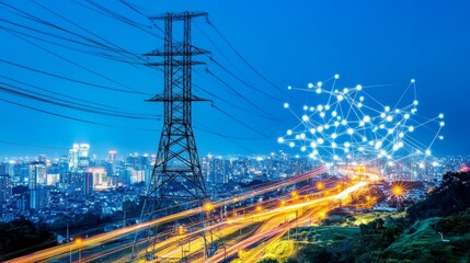 An electric transmission tower with glowing current line, a transmission line through a wire transmitting power to a city and house at night, a 3D representation of renewable energy grid