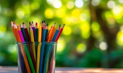 Creative Back-to-School Stationery Concept: Vibrant Pencil Case with Essential Supplies for Students. Minimalist Composition Showcasing Educational Tools. Versatile Marketing Background for School Sea