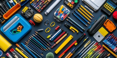 Creative Back-to-School Stationery Concept: Vibrant Pencil Case with Essential Supplies for Students. Minimalist Composition Showcasing Educational Tools. Versatile Marketing Background for School Sea