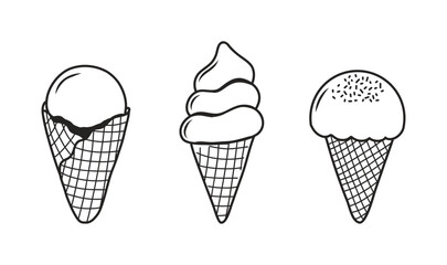 Set  ice cream in different cones. Hand drawn vector illustration. Sketch