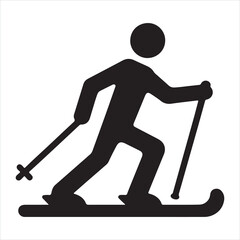 Vector simple skiing person silhouette shadow shape, flat black icon isolated on white backround. Logo emblem design element. Winter sport game and leisure activity silhouette white background
